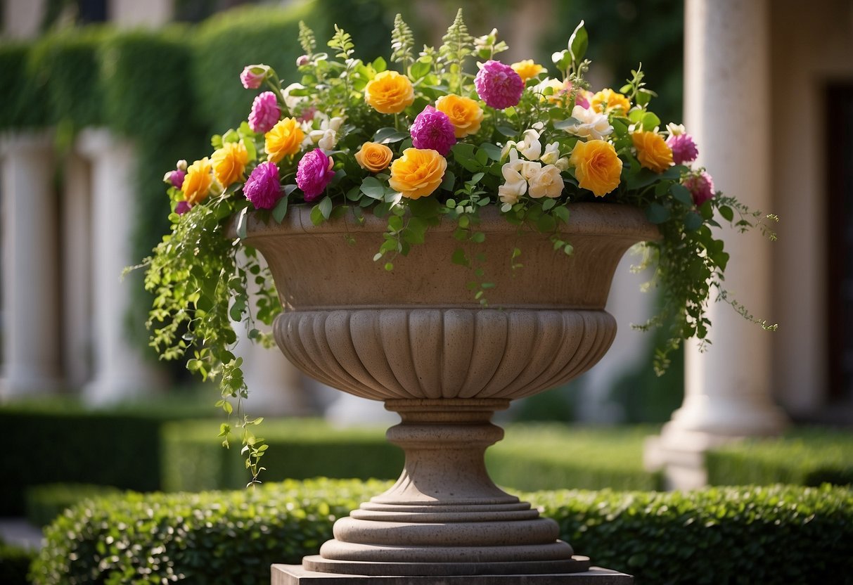 Lush greenery spills over the edges of a grand garden urn, bursting with vibrant flowers and trailing vines, creating a stunning display of natural beauty