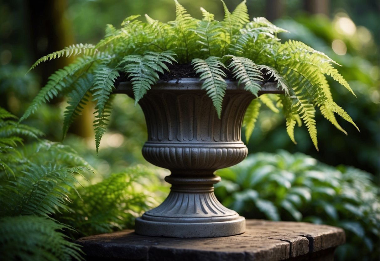 A lush garden urn overflows with delicate ferns, creating a whimsical and enchanting display. The ferns cascade over the edges, creating a sense of fairy-like magic in the garden