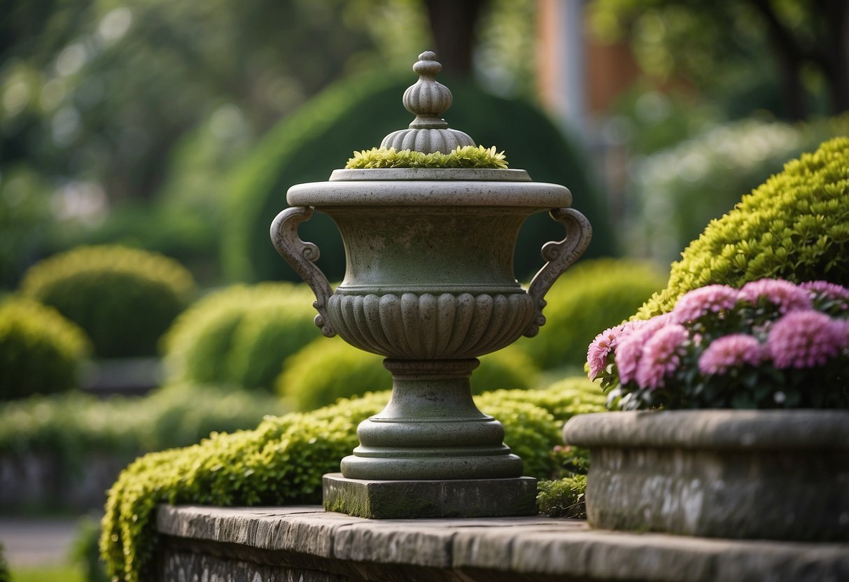 Lush green moss covers a grand garden urn, surrounded by vibrant flowers and cascading vines. A serene and majestic scene, perfect for a peaceful garden retreat