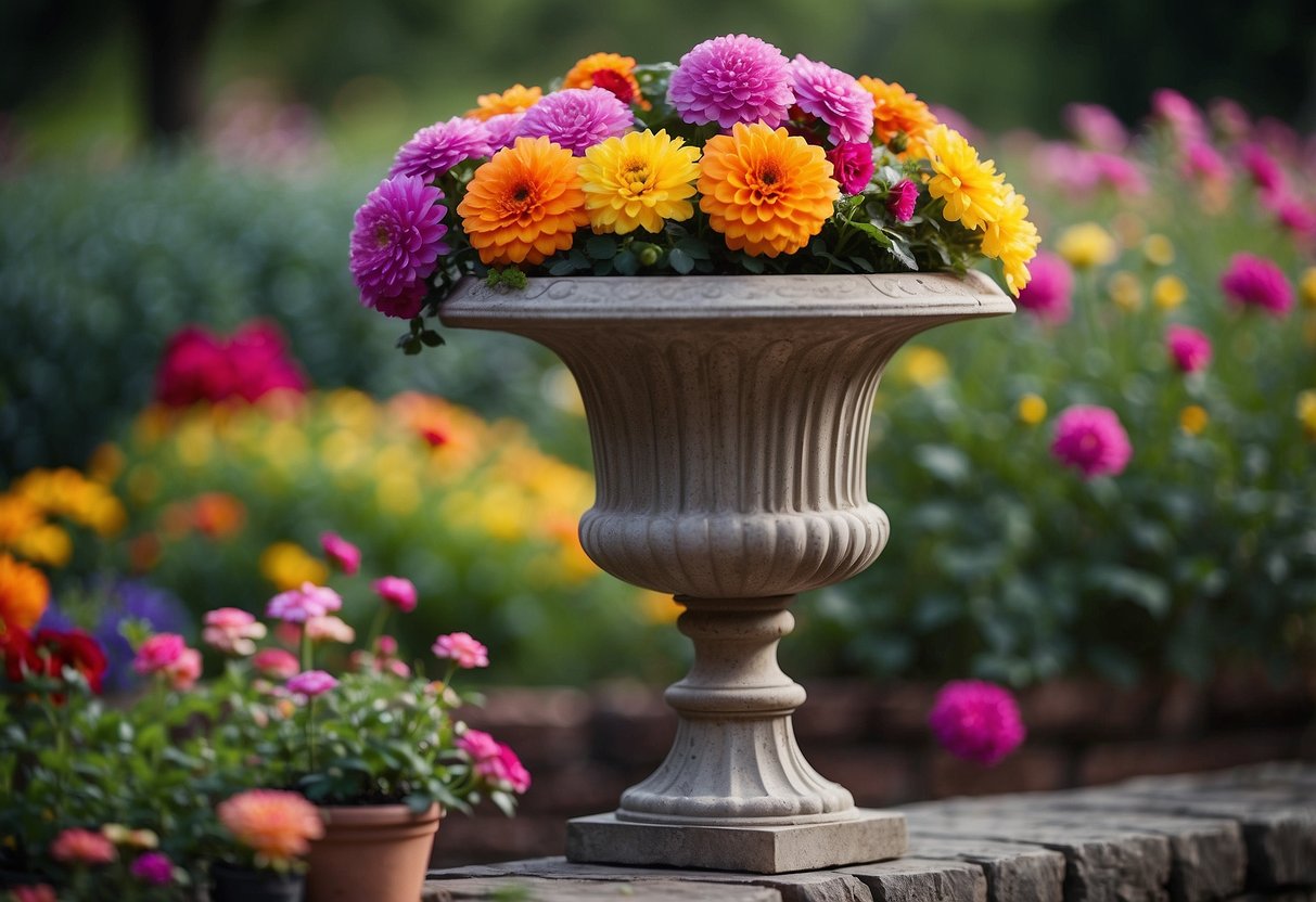 A vibrant garden urn overflows with colorful flowers, creating a stunning rainbow radiance