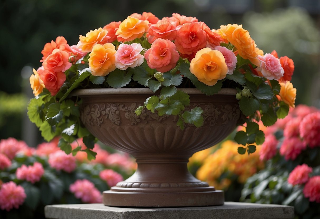 A garden urn overflows with vibrant begonias in a burst of color. Bright reds, pinks, and oranges create a stunning display of floral beauty