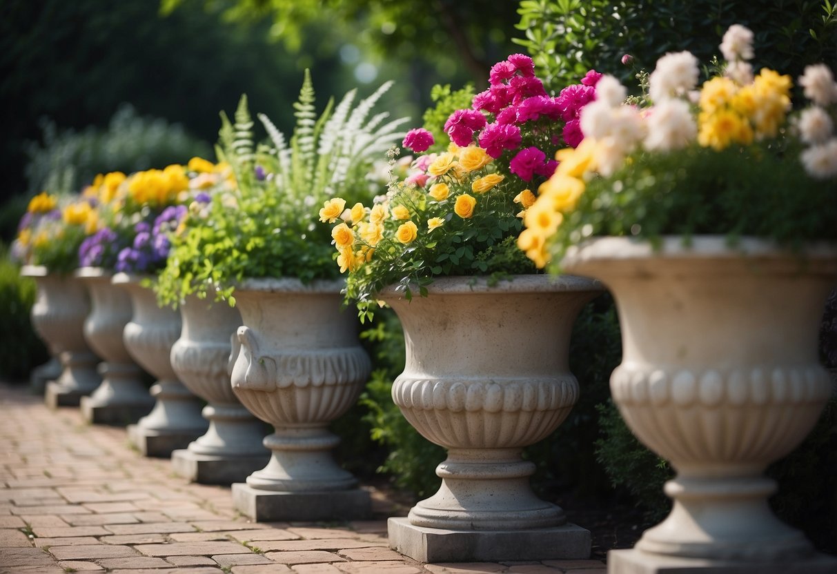 A serene garden with various urns filled with colorful flowers and greenery, showcasing different planting ideas for creating a beautiful and harmonious outdoor space