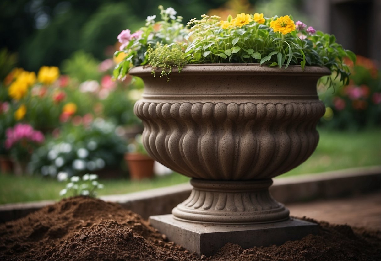 A garden urn filled with rich soil and surrounded by well-draining materials, such as gravel or pebbles, with green plants and flowers spilling over the edges