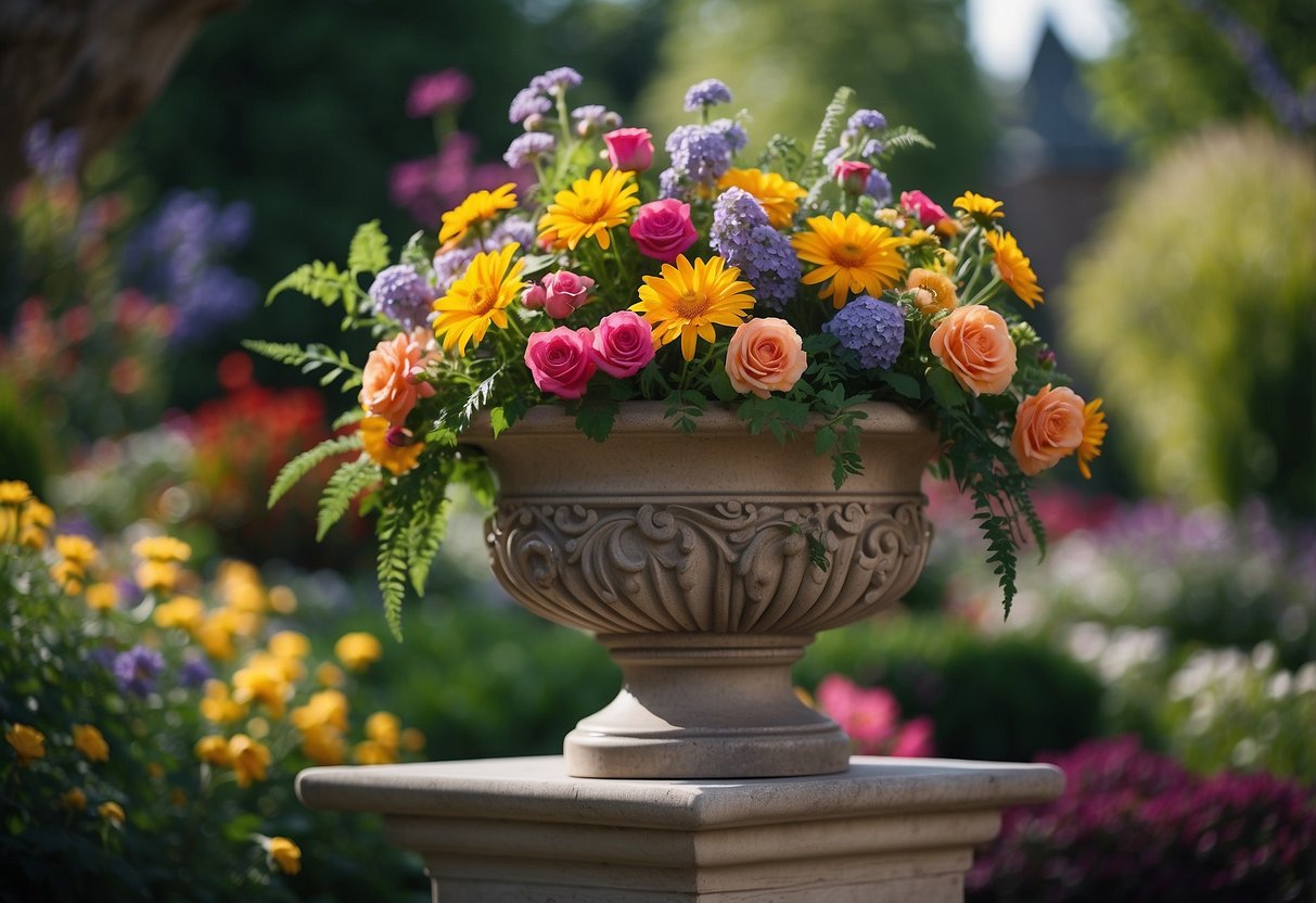 A variety of colorful flowers and plants fill an ornate garden urn, arranged in a harmonious and visually appealing display