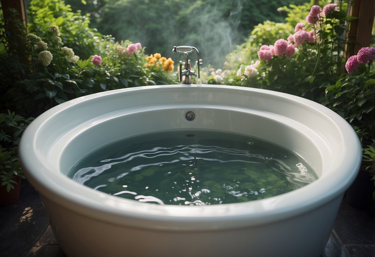 A luxurious garden tub surrounded by lush greenery and flowers, with steam rising from the water