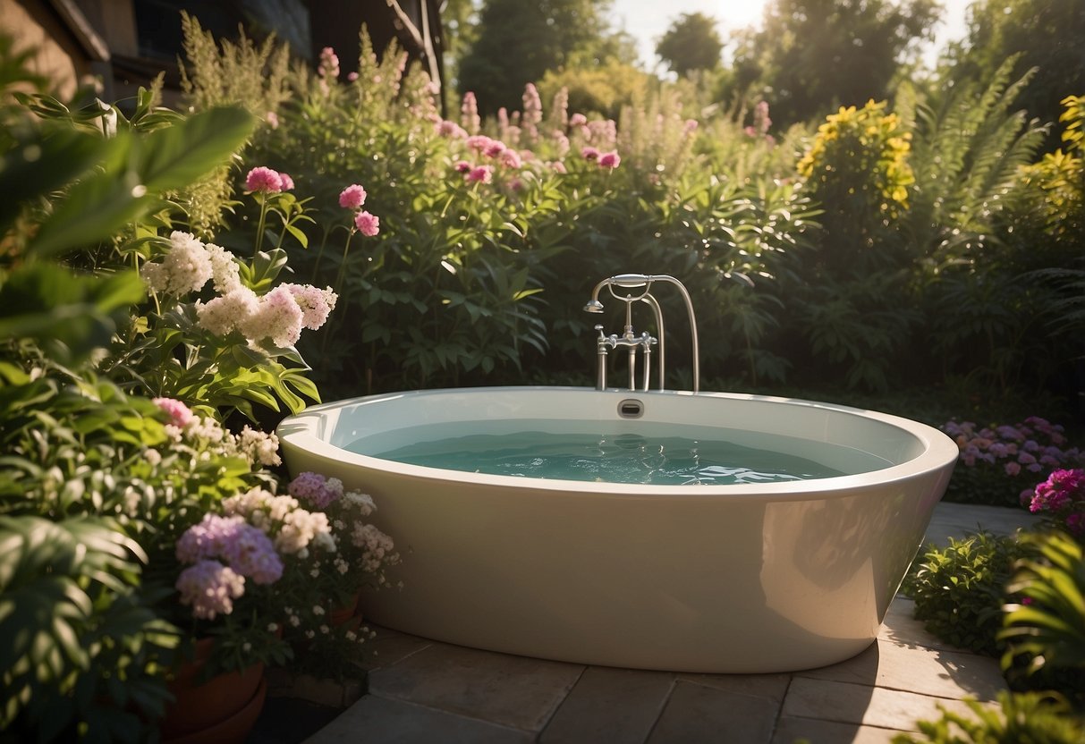 A modern oval tub sits in a lush garden, surrounded by vibrant flowers and greenery, with sunlight streaming in from above