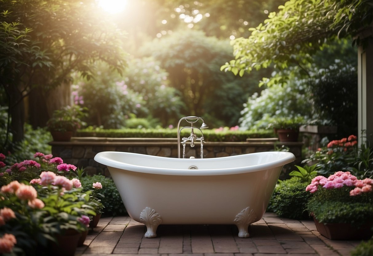 A spacious double-ended garden tub sits in a lush outdoor setting, surrounded by colorful flowers and greenery, with a serene and relaxing atmosphere