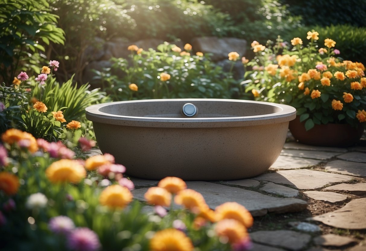 A stone resin tub sits in a lush garden, surrounded by vibrant flowers and greenery, creating a serene and natural oasis