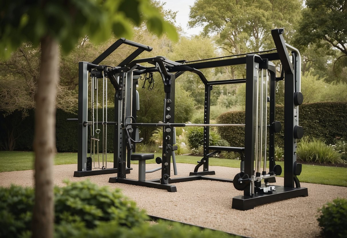 A garden gym with outdoor fitness strength equipment arranged in a natural setting, surrounded by greenery and open space