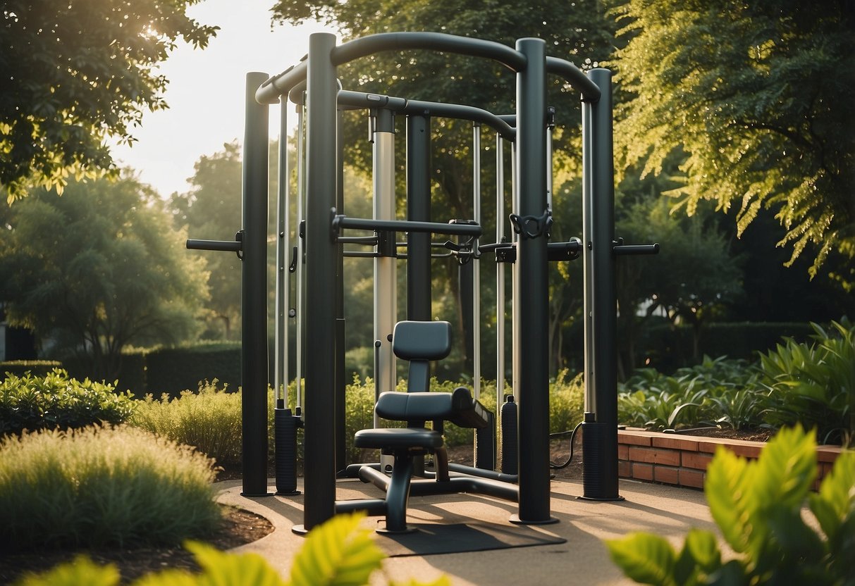 A ProsourceFit Power Tower stands tall in a lush garden, surrounded by various gym equipment and greenery, creating a serene and inviting workout space