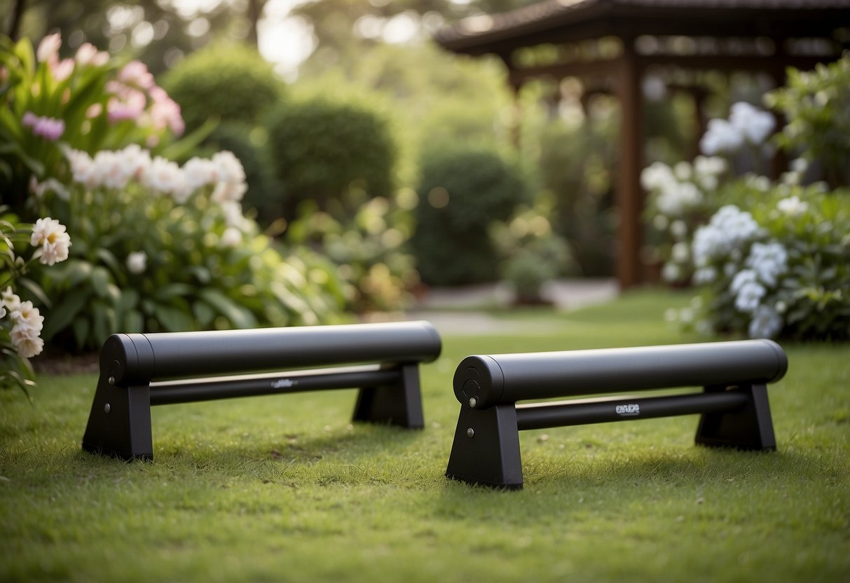 Two Fitwood OUT Espe Push-Up Bars stand in a lush garden setting, surrounded by greenery and flowers, providing a serene and natural workout space