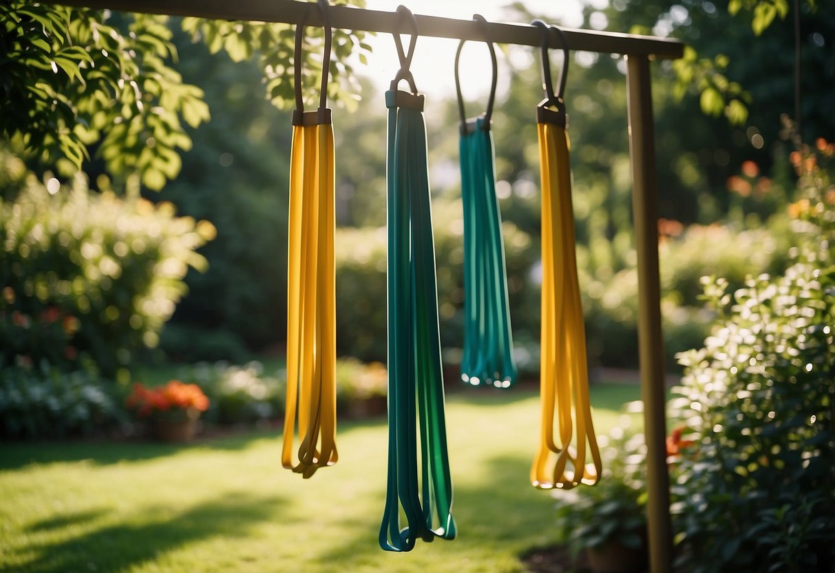 A garden with colorful resistance bands hanging from a sturdy frame, surrounded by lush greenery and bathed in sunlight