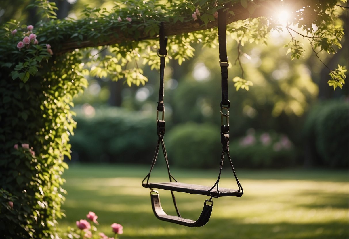 A garden scene with TRX XD Kevlar Suspension Trainer hanging from a sturdy tree branch, surrounded by lush greenery and flowers