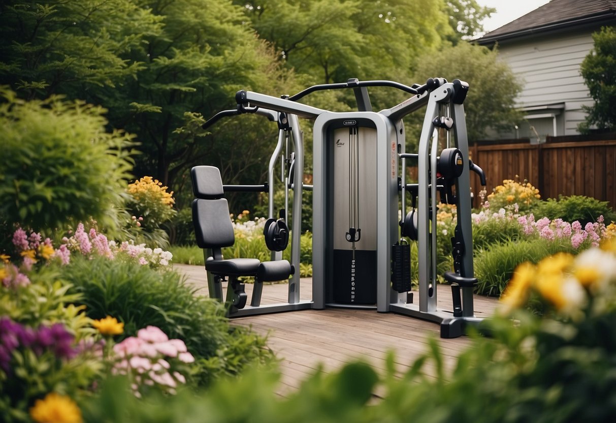 A lush garden setting with a Life Fitness G7 Home Gym as the focal point, surrounded by vibrant greenery and blooming flowers