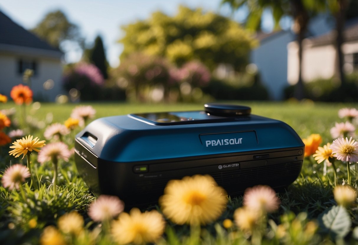 A backyard with a Force USA G3 All-In-One Trainer surrounded by lush greenery and colorful flowers, with a clear blue sky and a warm, inviting atmosphere