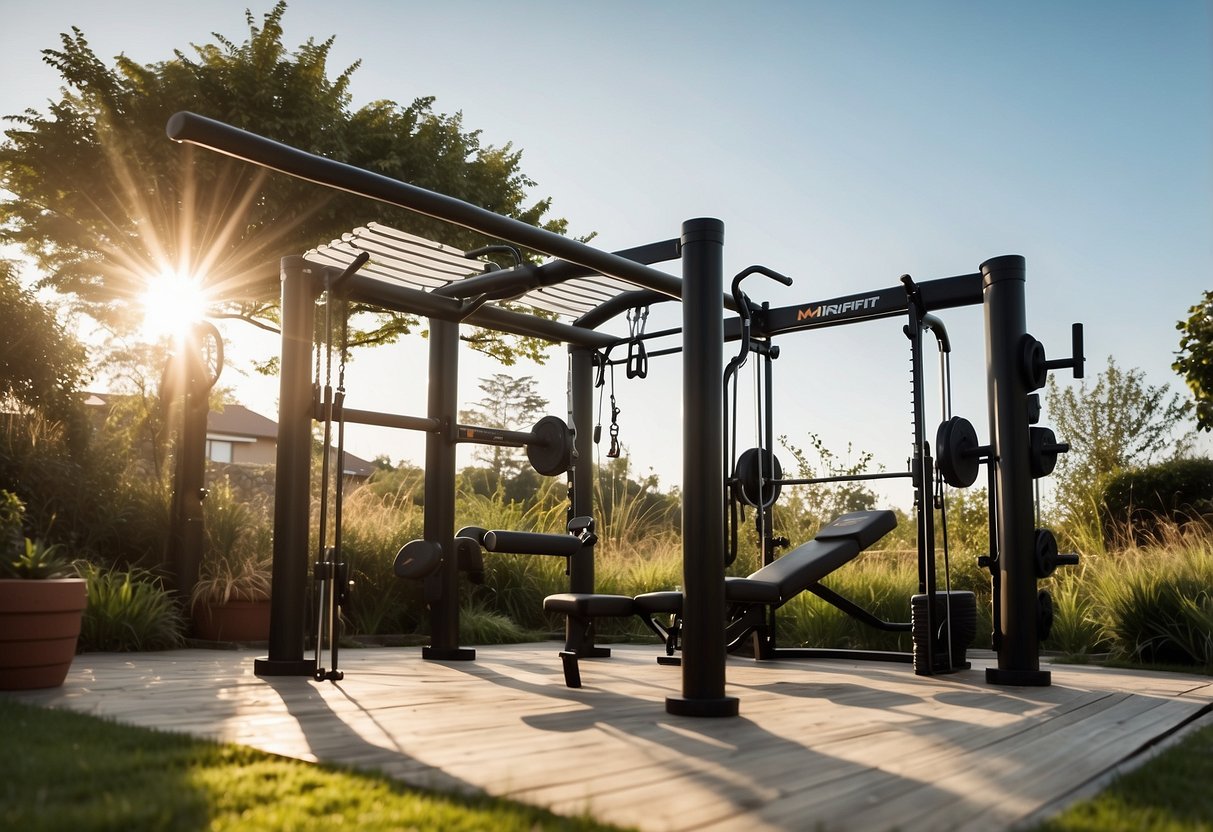 A spacious garden with a Mirafit M1 Multi-Gym set up, surrounded by lush greenery and bathed in natural sunlight