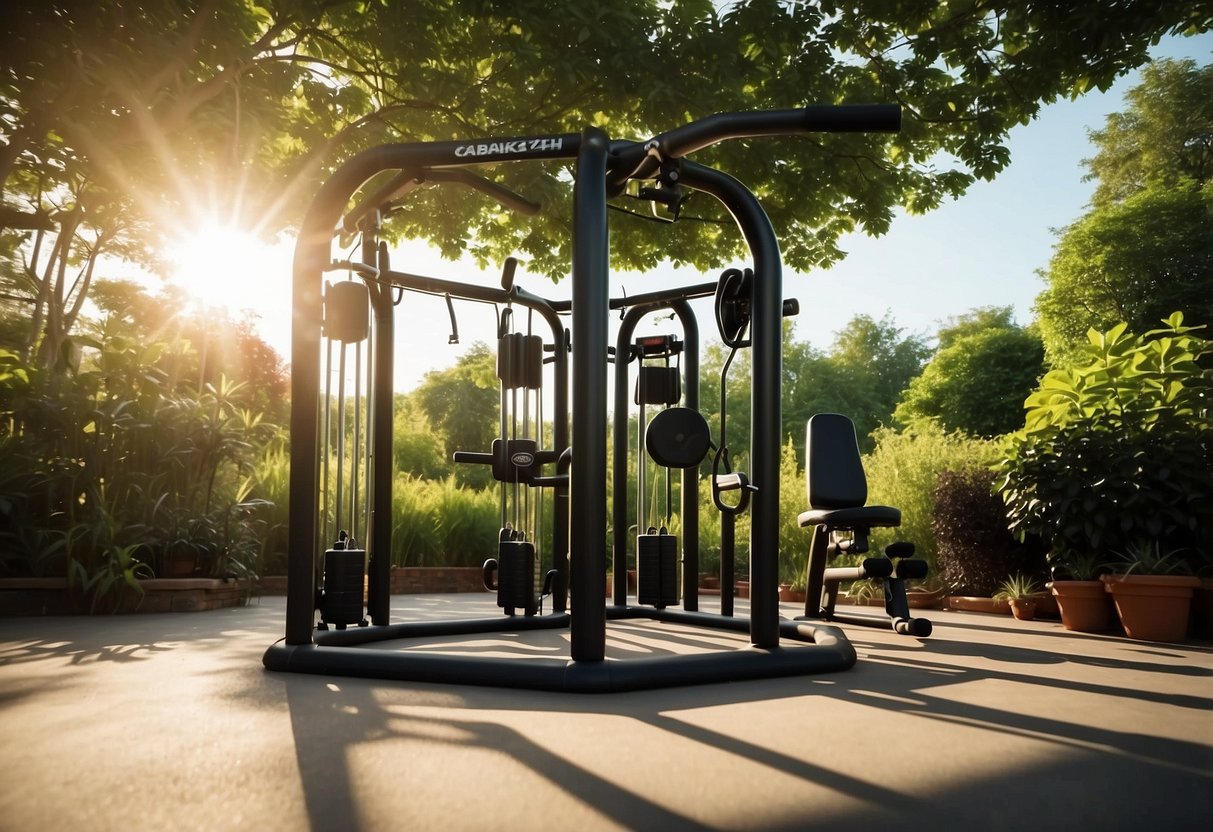 A garden filled with Escape Fitness Octagon HTS equipment, surrounded by lush greenery and bathed in natural sunlight