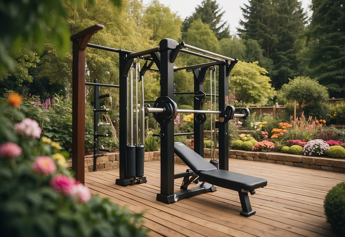 A garden gym with a variety of equipment, including a pull-up bar, weight bench, and yoga mat, surrounded by lush greenery and colorful flowers