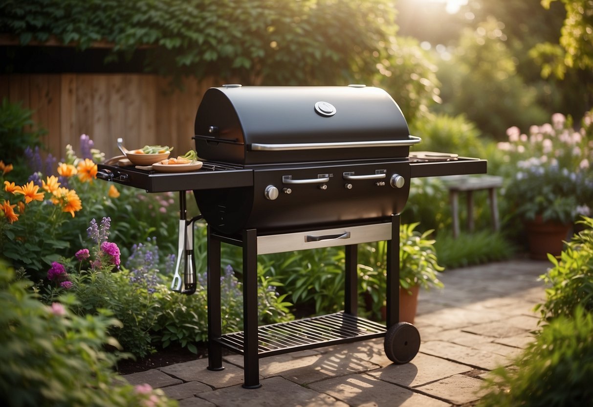 A sleek GrillMaster Elite BBQ Station stands in a lush garden, surrounded by vibrant flowers and lush greenery. The sun is shining, and the grill is ready for a sizzling barbecue feast