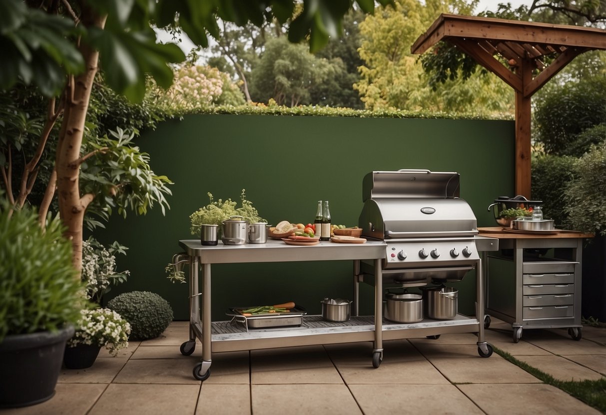 A stainless steel prep table sits in a lush garden, surrounded by BBQ equipment and kitchen utensils. The table is sturdy and durable, ready for outdoor cooking and entertaining