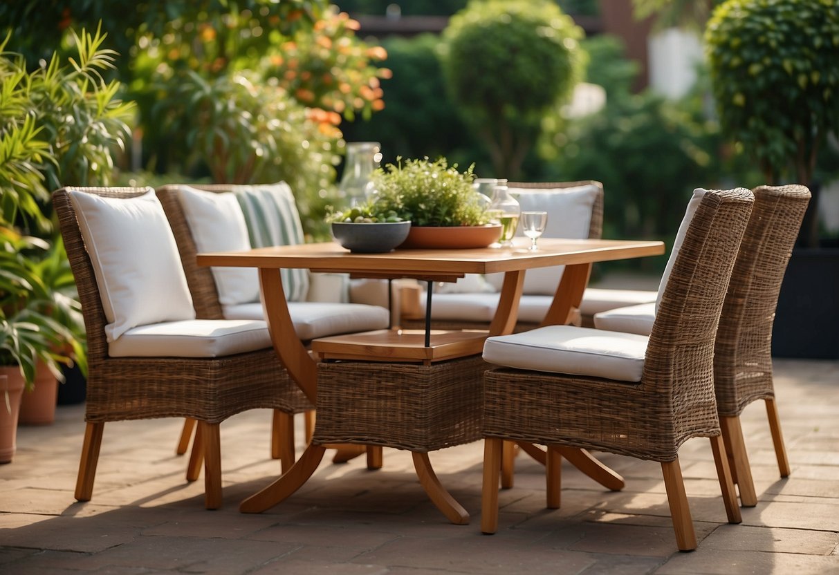 A rattan outdoor dining set is arranged in a garden with a BBQ grill nearby, surrounded by lush greenery and potted plants