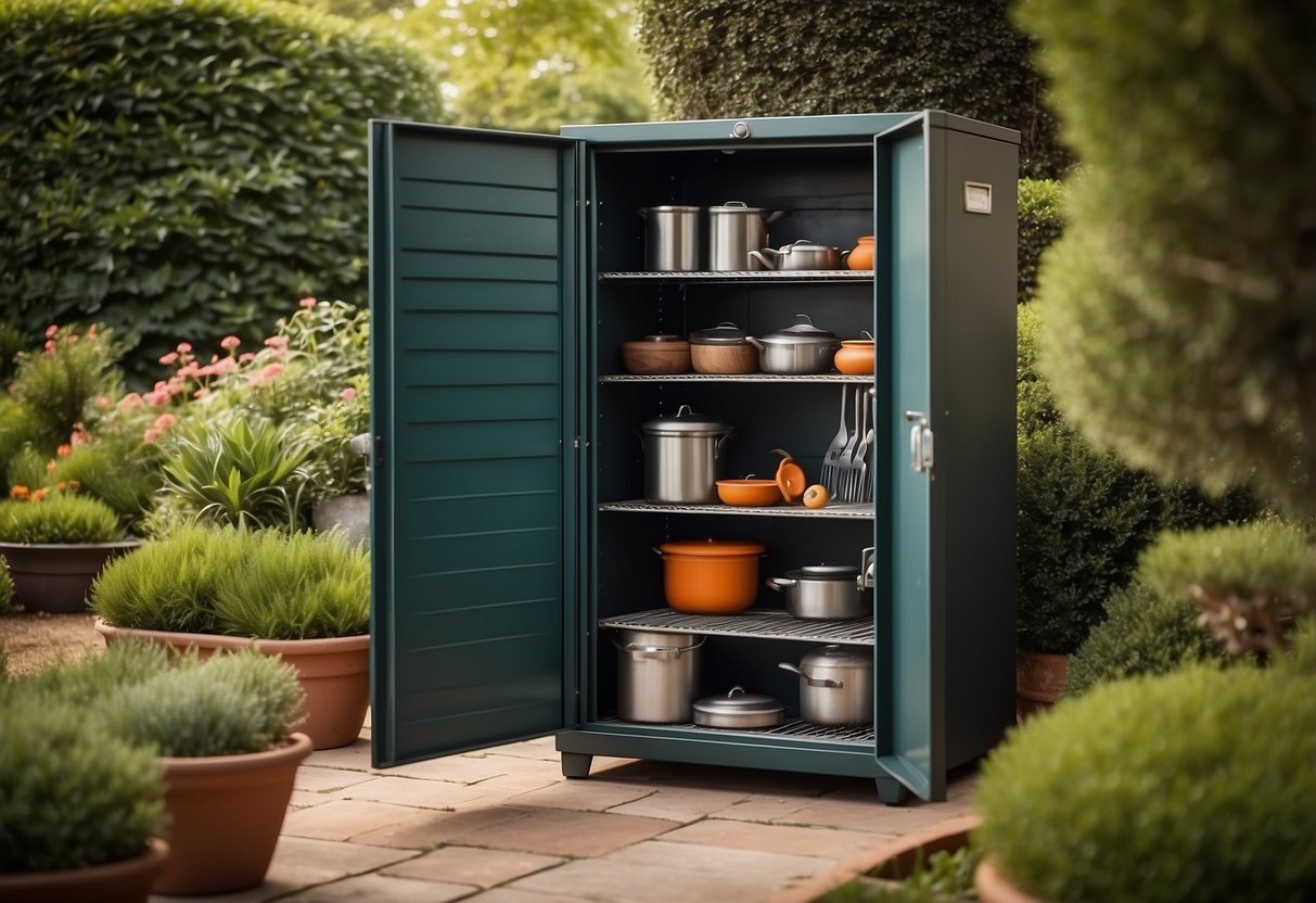 A rust-resistant storage cabinet sits in a lush garden, surrounded by BBQ and kitchen utensils, suggesting an ideal outdoor cooking and storage space