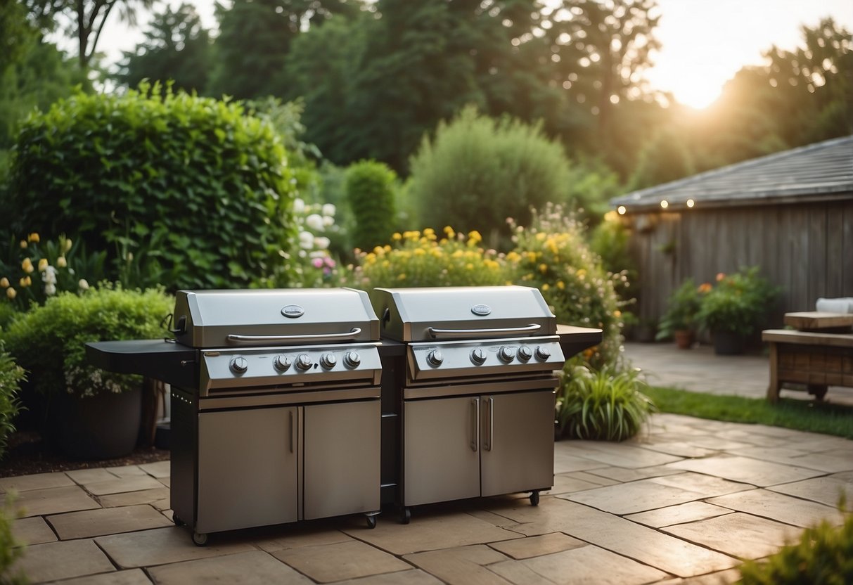 A heavy-duty BBQ grill cover is tightly secured over a gleaming stainless steel grill in a lush garden setting, with a cozy outdoor kitchen in the background