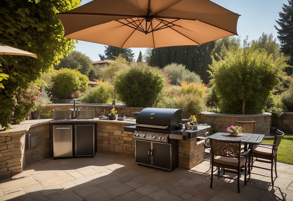 A patio umbrella shades a barbecue grill in a lush garden setting, with a fully equipped outdoor kitchen nearby