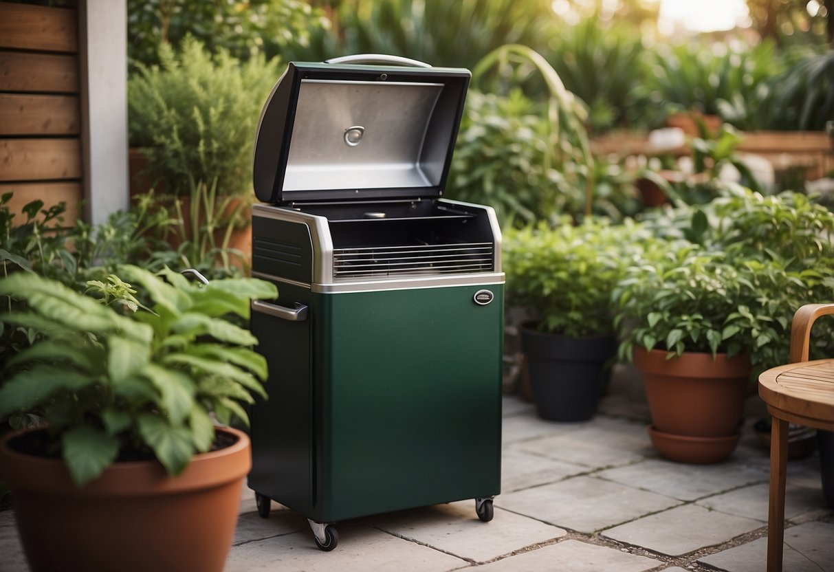 An outdoor beverage cooler sits next to a barbecue grill in a lush garden kitchen, surrounded by potted plants and outdoor seating