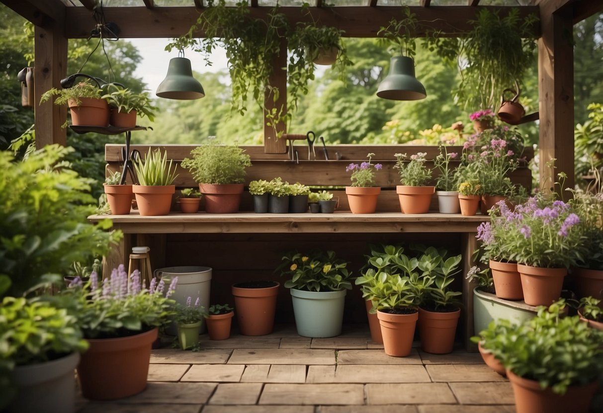 A potting bench with storage, surrounded by gardening tools and potted plants, set against a backdrop of lush greenery and blooming flowers