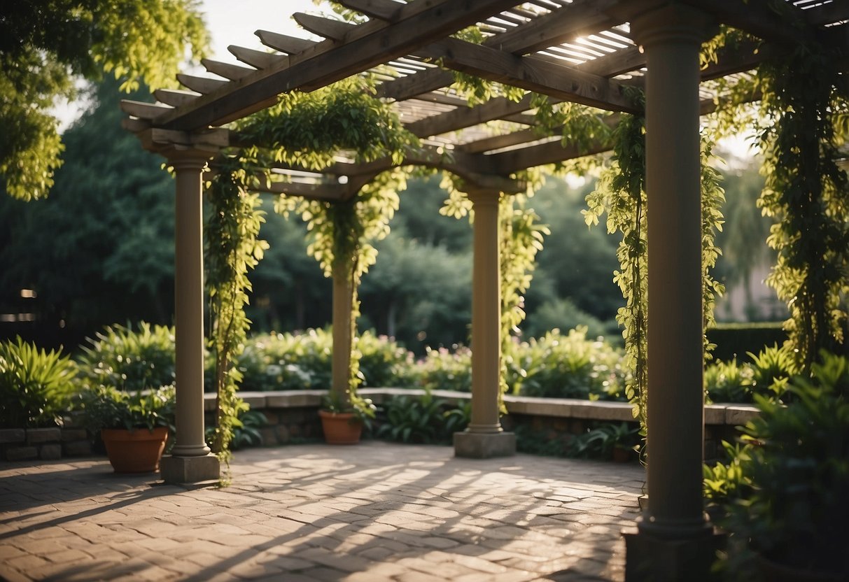 A pergola adorned with lush hanging plants in a serene garden setting