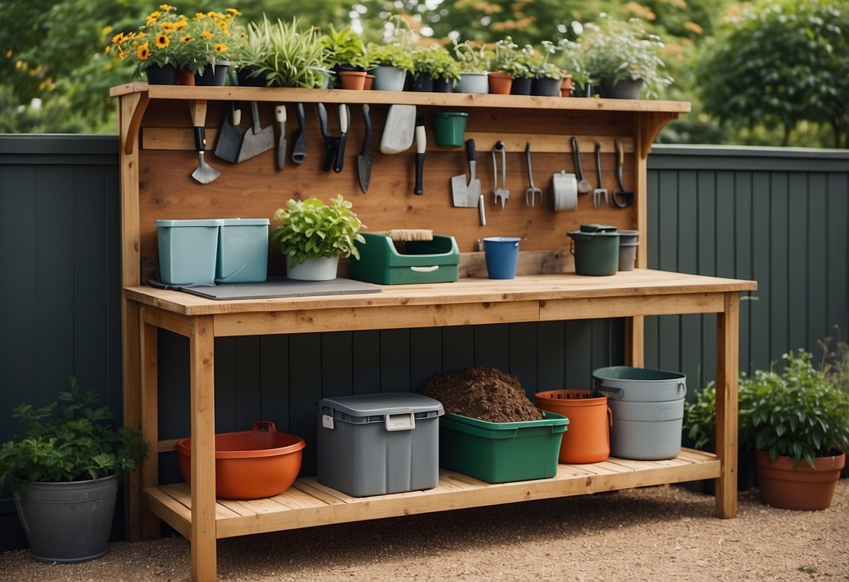 A well-organized garden utility area with a sturdy workbench, tool storage, compost bins, and a water source