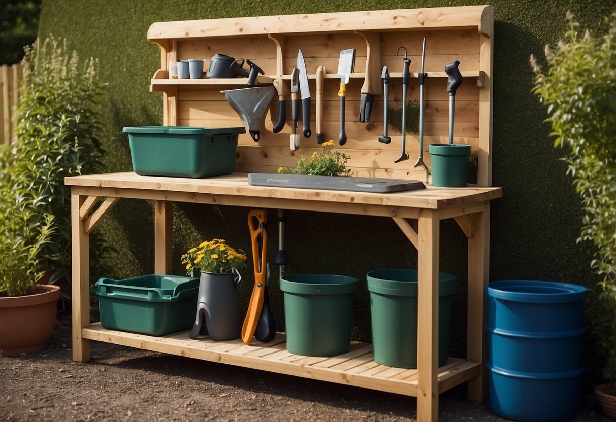 A tidy garden utility area with a sturdy workbench, organized tool storage, a compost bin, and a water source