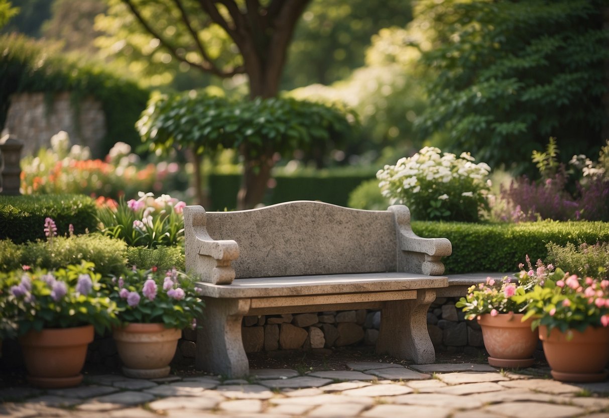 A stone garden bench sits in a serene setting, surrounded by lush greenery and colorful flowers, creating a peaceful and inviting atmosphere