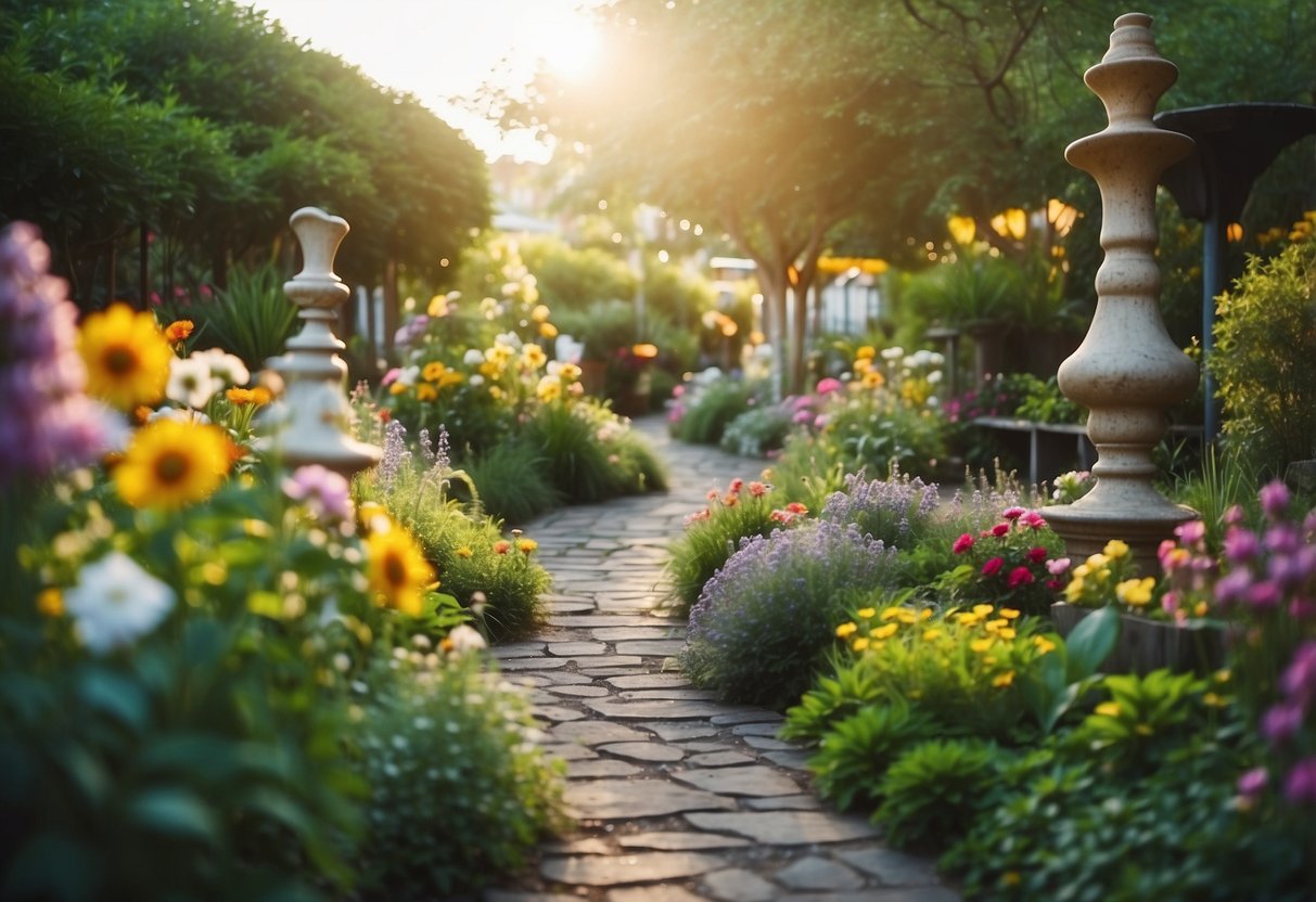 Lush greenery, colorful blooms, and whimsical sculptures create a vibrant garden theme. A winding path leads to a cozy seating area surrounded by fragrant herbs and twinkling lights