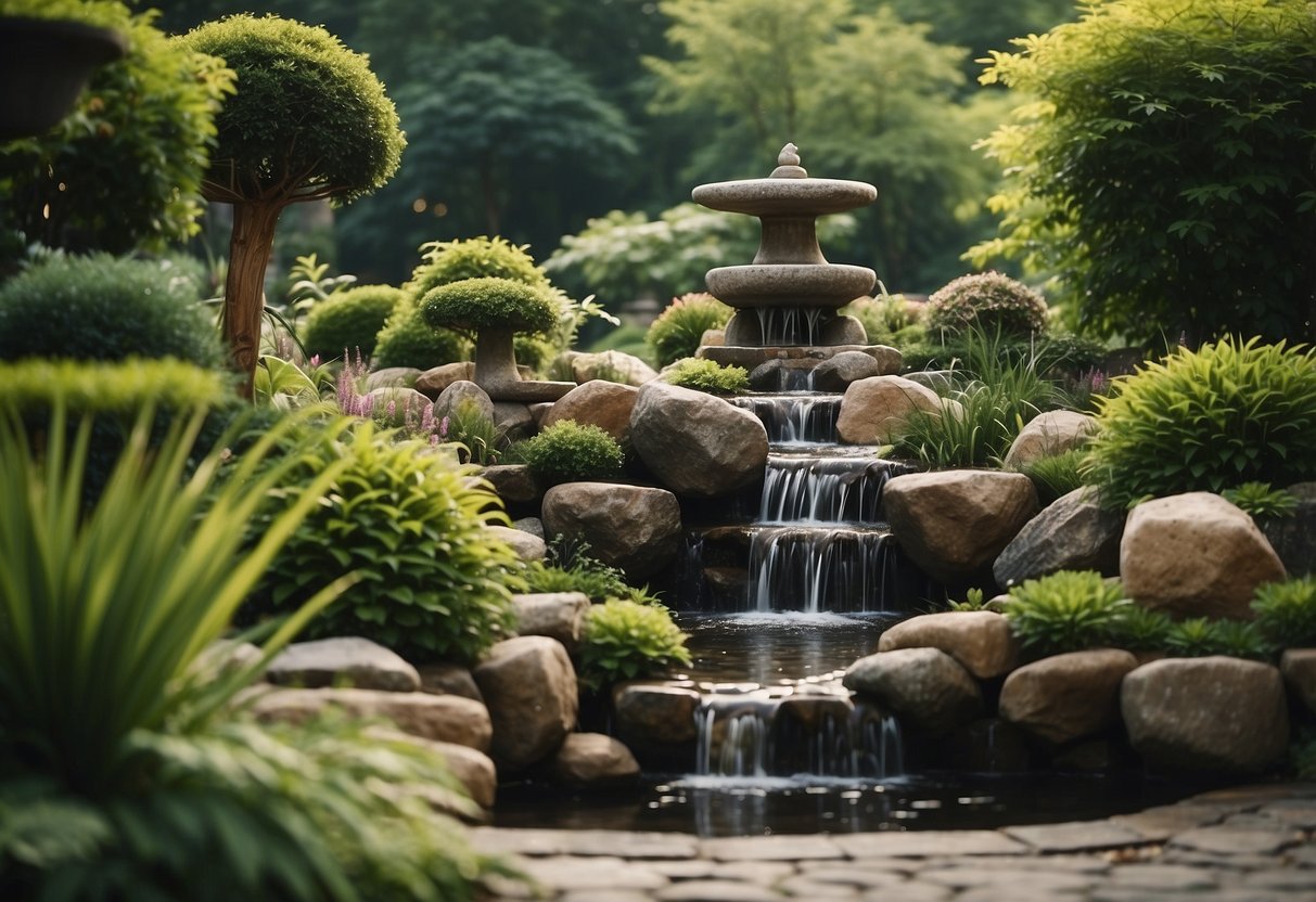 A serene garden with flowing water features, lush greenery, and natural stone sculptures creates a tranquil and harmonious atmosphere