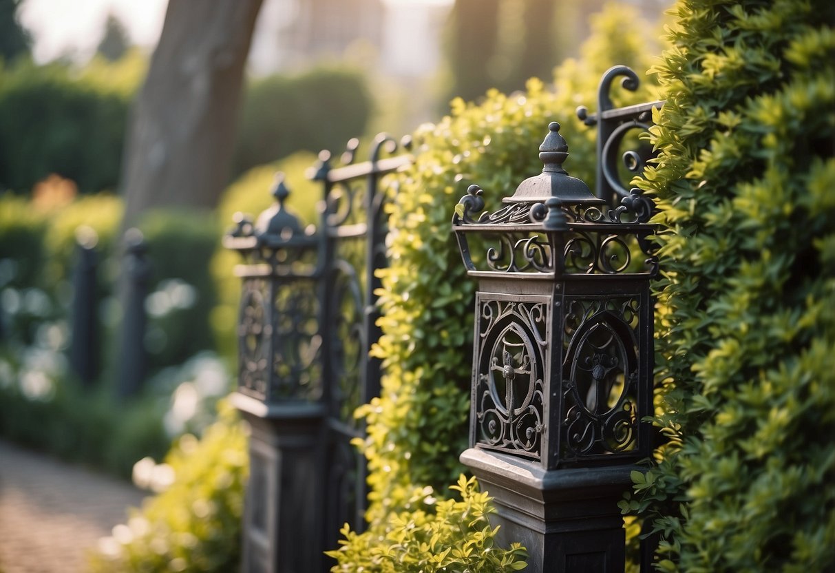 A garden wall adorned with vintage iron wall sculptures, adding a touch of elegance and charm to the outdoor space