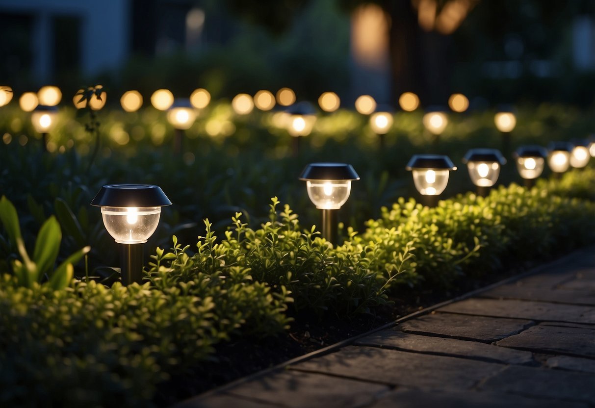 Glowing solar-powered garden lights illuminate a lush garden wall at night