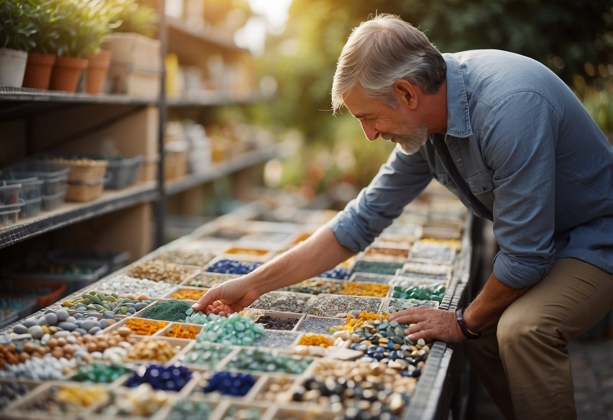 A person selecting various materials like ceramic tiles, mosaic pieces, and colorful stones from shelves and bins to decorate a garden wall