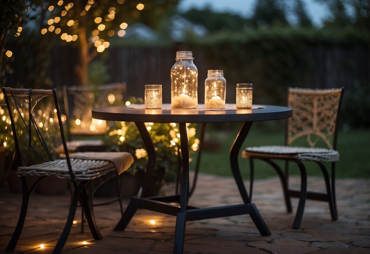 A garden table adorned with solar-powered fairy lights, creating a warm and magical ambiance