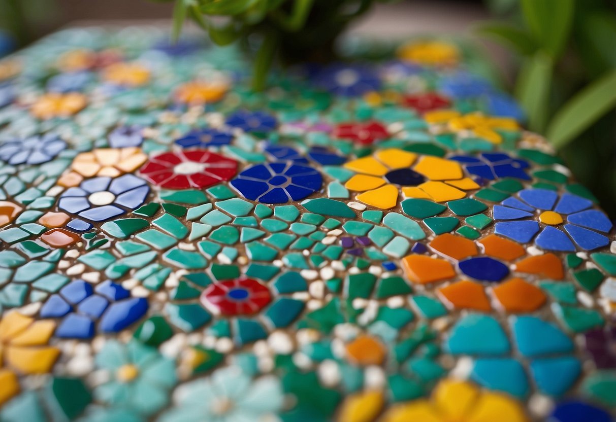 A mosaic tile tabletop with colorful patterns and designs, surrounded by lush green plants and flowers, creating a vibrant garden table decoration