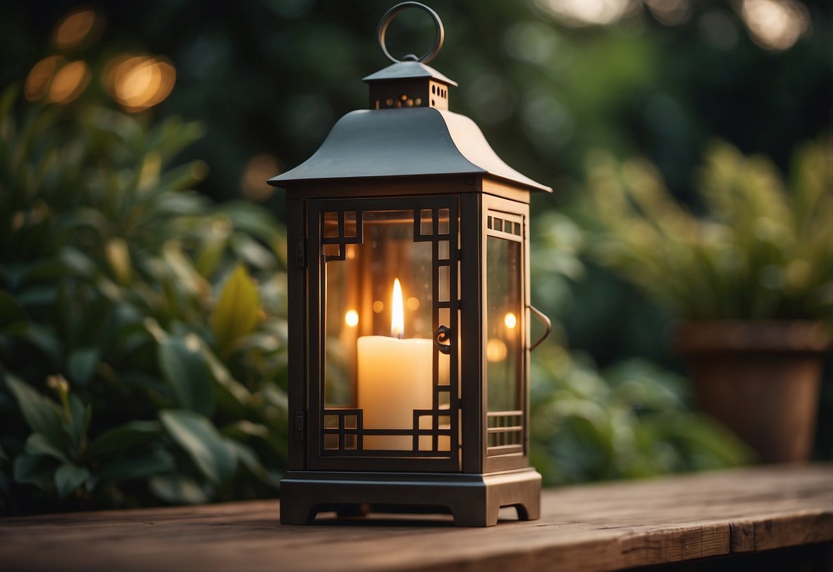 Vintage lantern candle holders adorn a garden table, casting a warm glow on the surrounding greenery