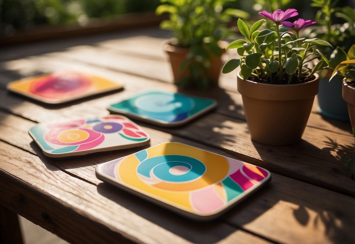 Colorful coasters arranged on a wooden garden table, surrounded by potted plants and blooming flowers. Sunshine filters through the leaves, casting dappled shadows on the table