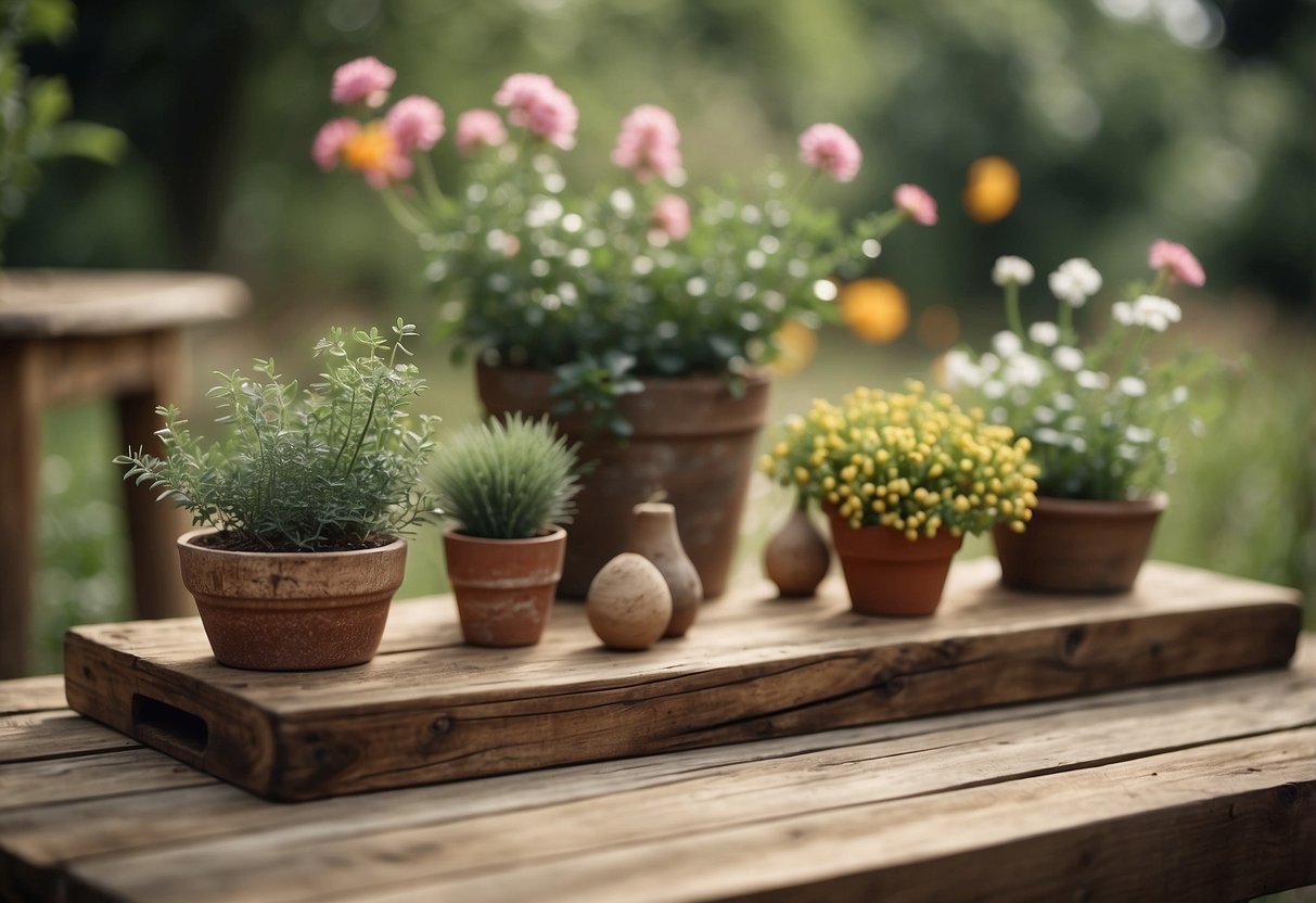 A rustic wood table adorned with garden decorations