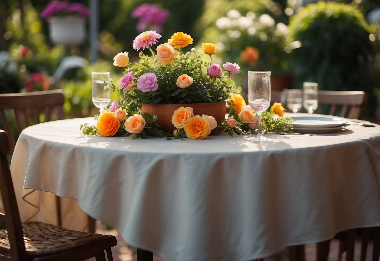 A garden table with a weatherproof tablecloth decorated with vibrant flowers, surrounded by potted plants and twinkling string lights