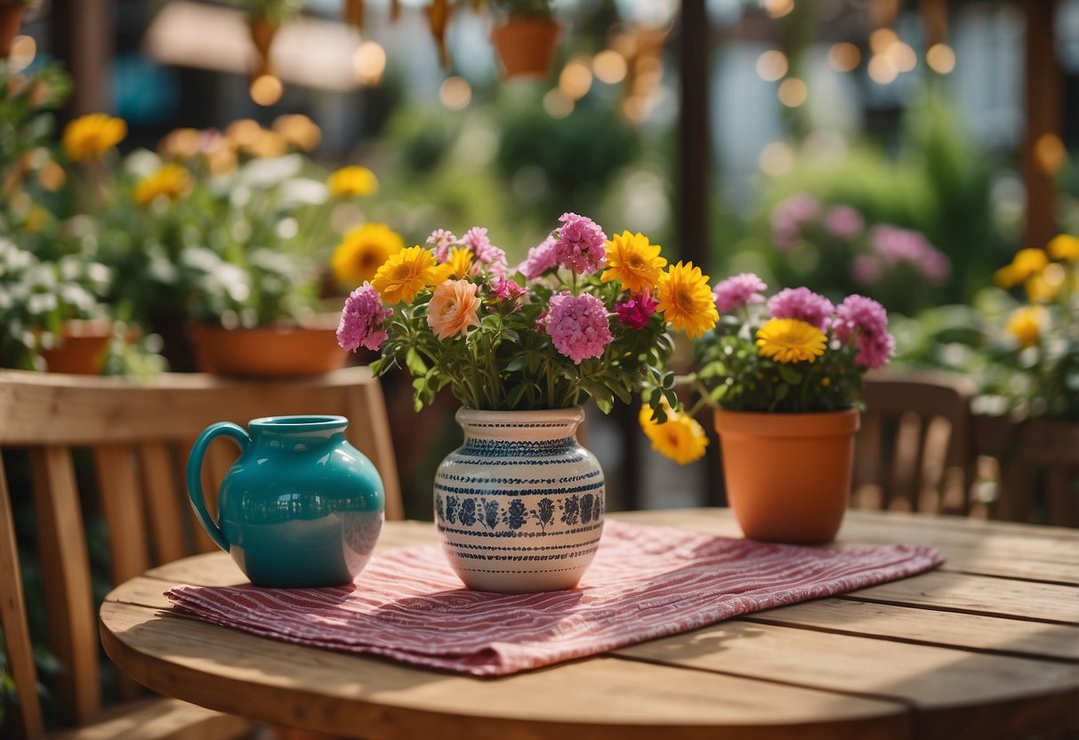 A wooden garden table adorned with potted plants, a colorful tablecloth, and a vase of fresh flowers