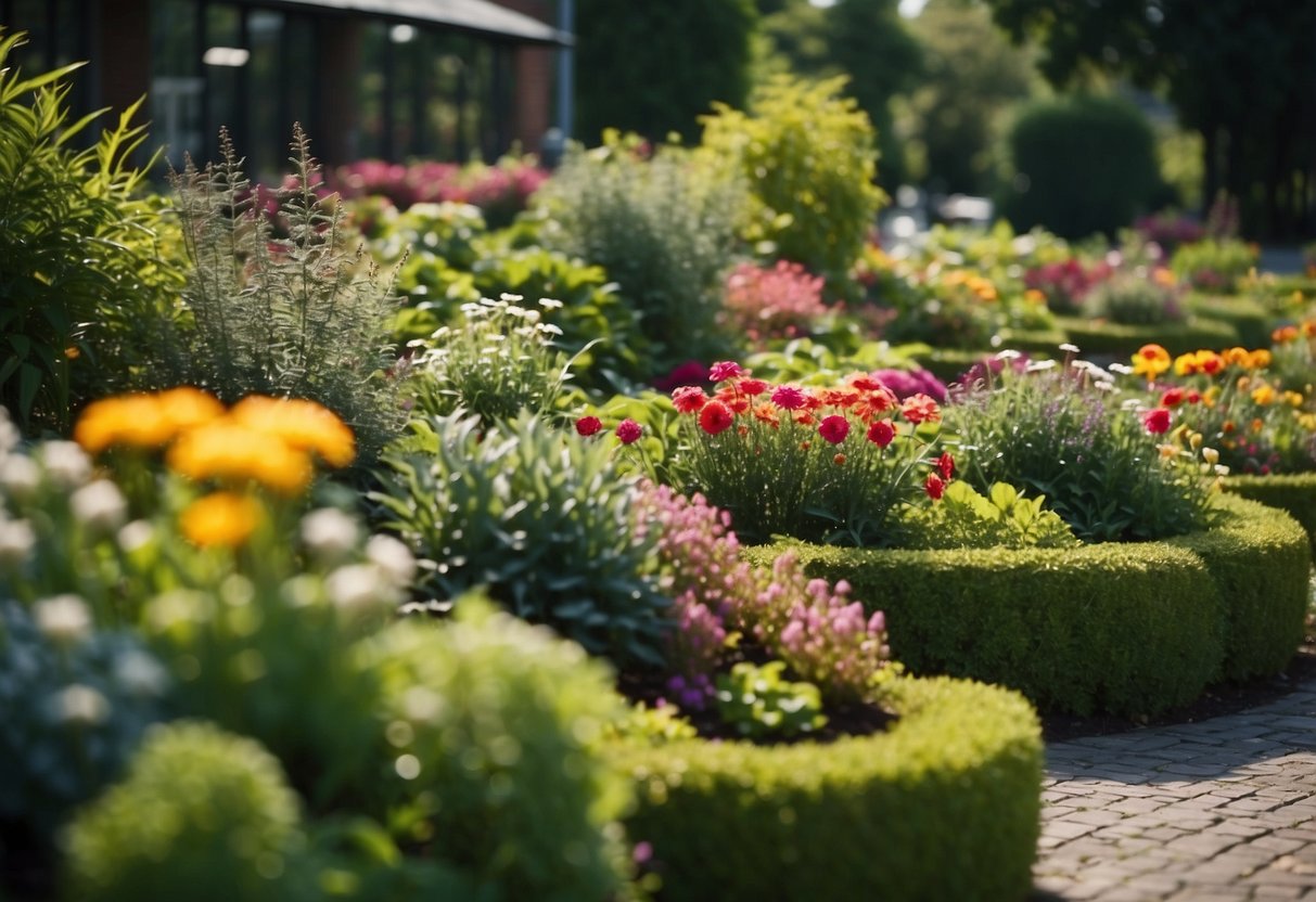 A colorful array of raised flower beds, varying in height and shape, surrounded by lush greenery and winding pathways