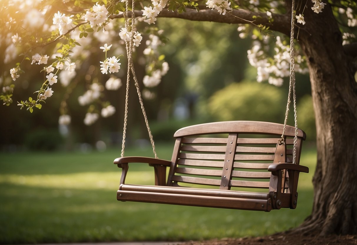 A garden swing hangs from a sturdy tree branch, surrounded by blooming flowers and lush greenery, creating a peaceful and inviting outdoor oasis