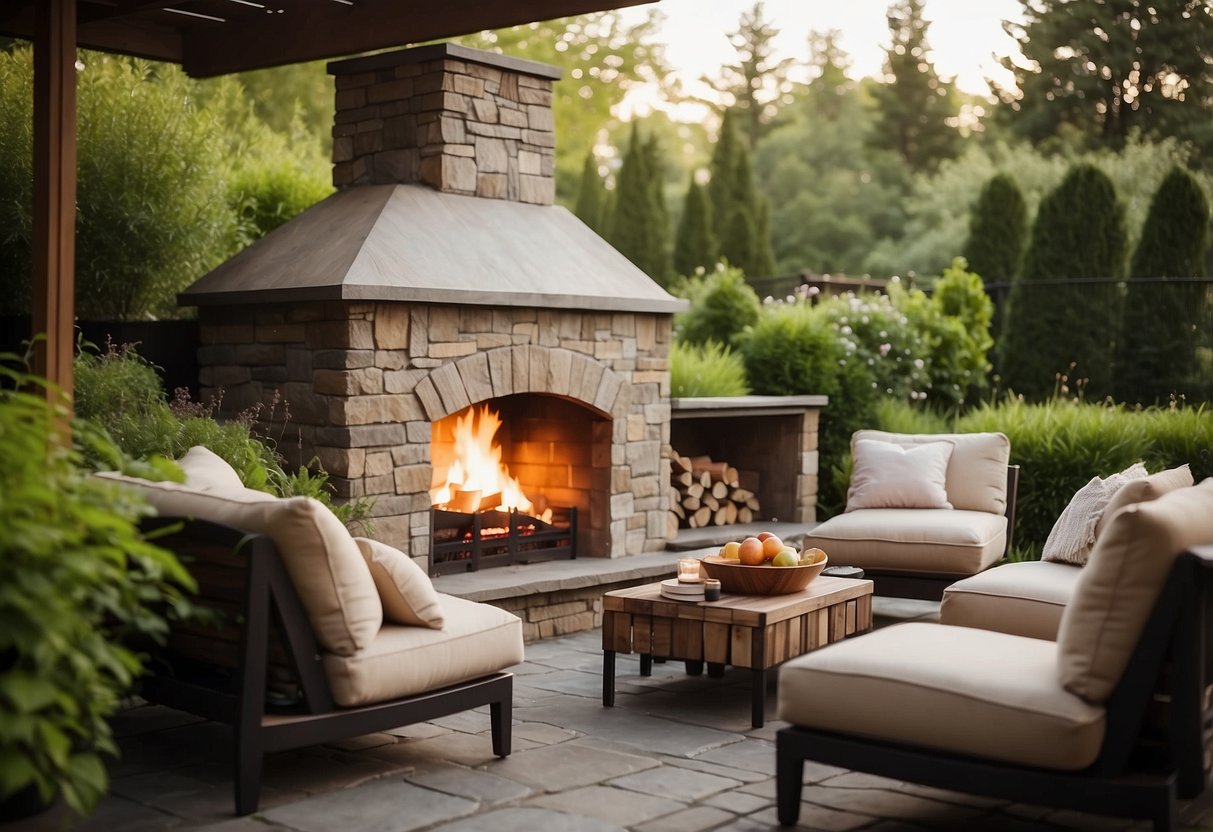 A cozy outdoor fireplace surrounded by lush greenery and comfortable seating, creating a warm and inviting garden extension