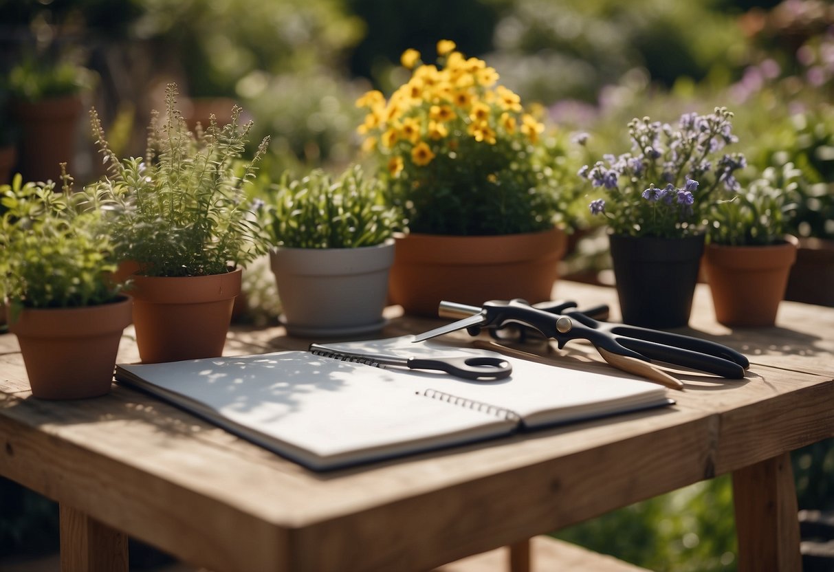 A blank canvas of a backyard, with a variety of plants and flowers sketched out in different sections. A table with gardening tools and a notebook filled with garden extension ideas sits nearby